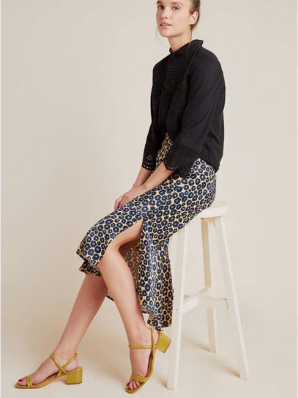 Anthropologie Maeve Navy and Leopard Floral Midi Skirt with Side Slit size XS
